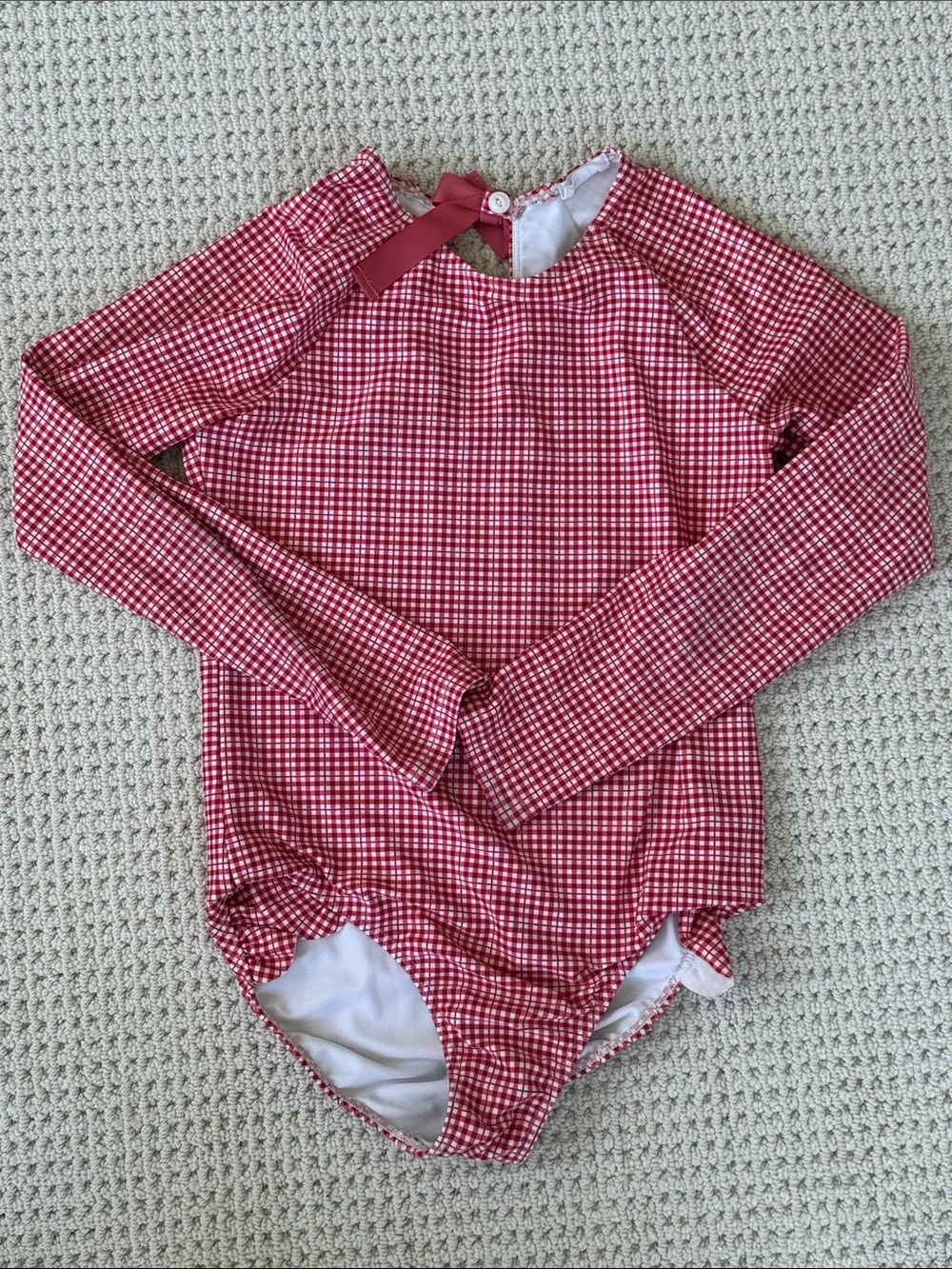 Red Gingham Long-Sleeve Kids Rashguard Swimsuit